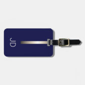 Étiquette À Bagage Cool Dark Navy Blue Faux Metal Stripe Monogramme (Devant horizontal)