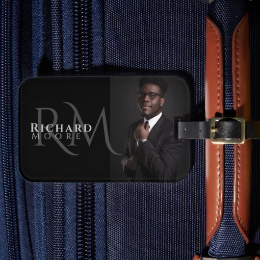 Étiquette À Bagage Cool photo moderne noir et blanc Monogramme (Insitu Rectoal 4)