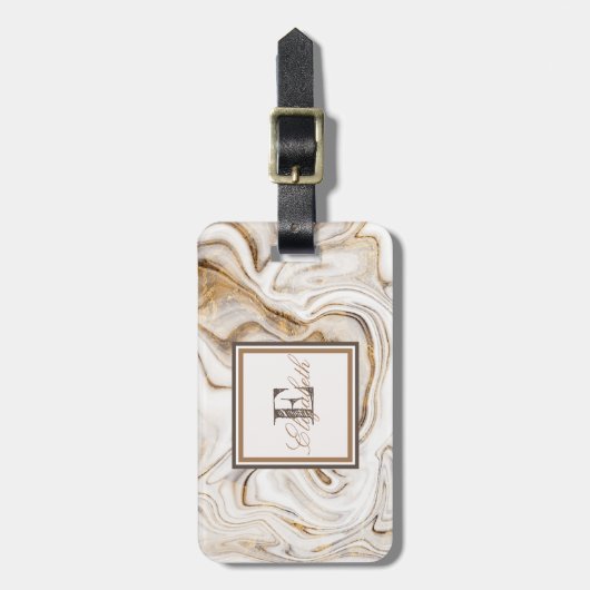 Étiquette À Bagage Cool Pierre blanche Texture de marbre, Monogramme (Devant Vertical)