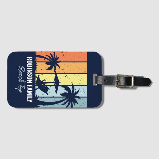 Étiquette À Bagage Cool Retro Beach Trip Custom Navy Blue Palm Trees (Devant Horizontal)