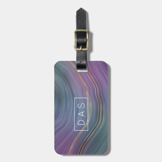 Étiquette À Bagage Cool Strata | Monogramme d'Agate Or Violet Bleu (Devant Vertical)