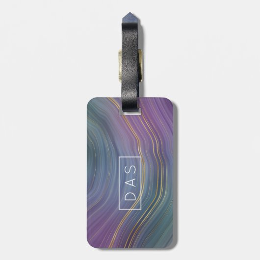 Étiquette À Bagage Cool Strata | Monogramme d'Agate Or Violet Bleu (Dos Vertical)