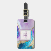 Étiquette À Bagage Cool Violet bleu Marbre Texture, Monogramme (Devant Vertical)