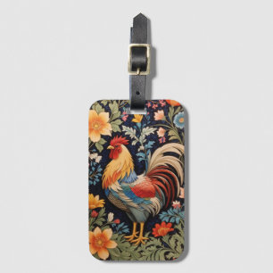Étiquette À Bagage Coq élégant sur fond floral coloré
