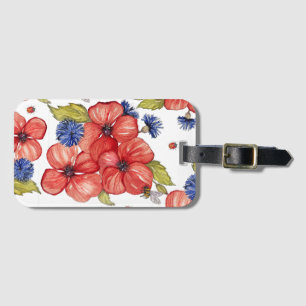 Étiquette À Bagage Coquelicot rouge et bleuet aquarelle