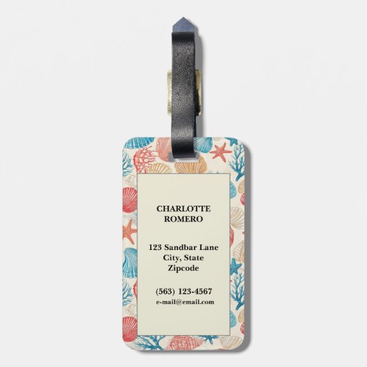 Étiquette À Bagage Côtière rustique - Coquillages, Poisson étoilé, Ba (Dos Vertical)