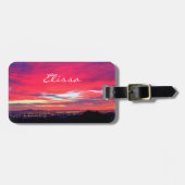 Étiquette À Bagage Coucher de soleil bleu rose littoral script photo  (Devant horizontal)