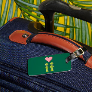 Étiquette À Bagage Couple de personnages bâtons verts Cœur rose Amour