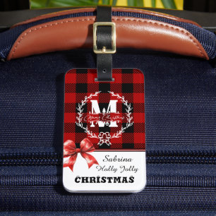 Étiquette À Bagage Couronne de Noël monogramme plaid de Buffalo
