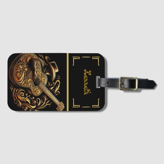 Étiquette À Bagage Cowboy blanc & or Guitare complexe (Devant Horizontal)