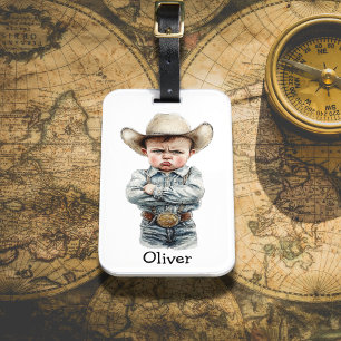 Étiquette À Bagage Cowboy Grognon Personnalisé en Tenue de Denim