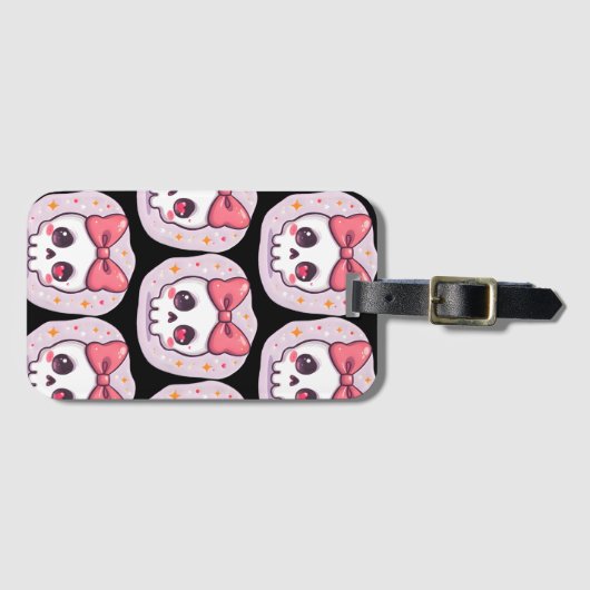 Étiquette À Bagage Crâne Goth Pastel Mignon avec Nœud (Devant Horizontal)