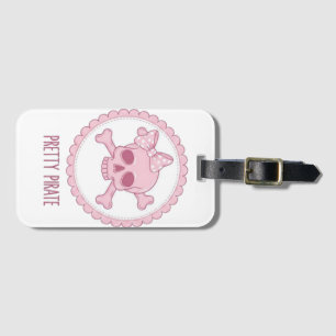 Étiquette À Bagage Crâne Rose Pastel Mignon avec Nœud et Os de la Mor