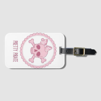 Étiquette À Bagage Crâne Rose Pastel Mignon avec Nœud et Os de la Mor