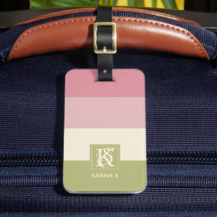 Étiquette À Bagage Crème Rose Vert Couleur Palette Bandes Monogramme