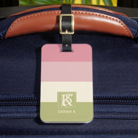 Étiquette À Bagage Crème Rose Vert Couleur Palette Bandes Monogramme (Insitu Rectoal 2)