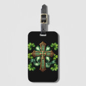ÉTIQUETTE À BAGAGE CROIX CELTIQUE IRLANDAISE VERTE & OR ET RIBBBONS (Devant Vertical)