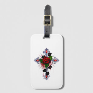 Étiquette À Bagage Croix d'argent avec une rose rouge