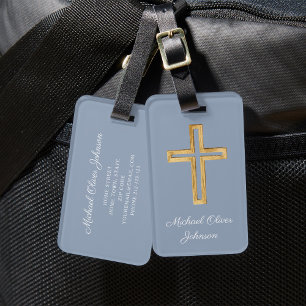 Étiquette À Bagage Croix Religieuse Élégante Écriture Bleu Poussiéreu