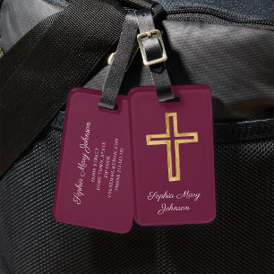 Étiquette À Bagage Croix Religieuse Élégante Rouge Bourgogne Script