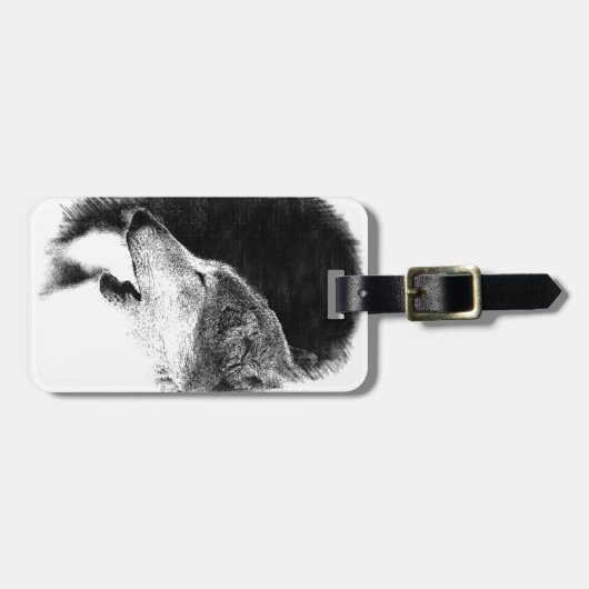 Étiquette À Bagage Croquis noir et blanc Loup gris (Devant horizontal)