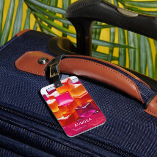 Étiquette À Bagage Cubes de gelée abstraits rose orange vif gras
