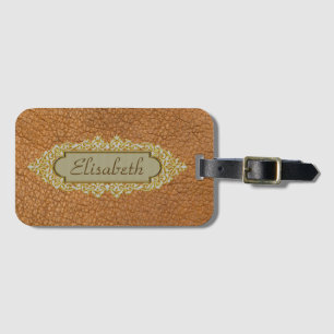 Étiquette À Bagage Cuir Brown vintage Faux Avec Nom Personnalisé Doré