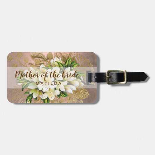 Étiquette À Bagage Cuivre rose or fleuri mère de la mariée (Devant horizontal)
