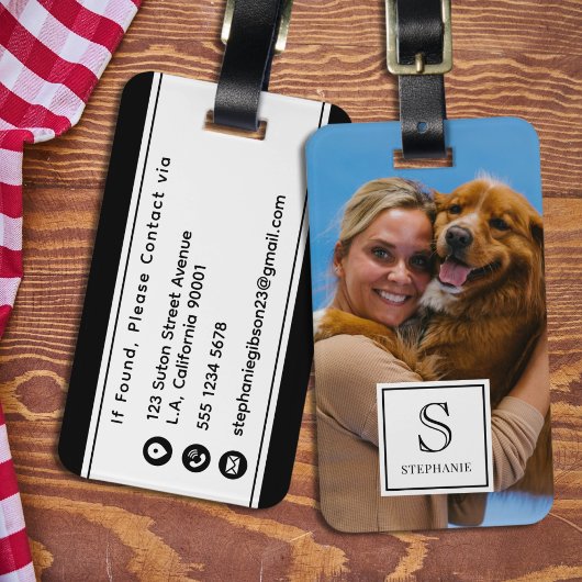 Étiquette À Bagage Custom Monogram, Name and Photo, Black and White