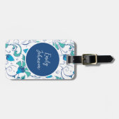 Étiquette À Bagage Custom Name Elegant Teal Blue Botanical Detailed (Devant horizontal)