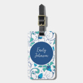 Étiquette À Bagage Custom Name Elegant Teal Blue Botanical Detailed (Devant Vertical)