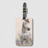 Étiquette À Bagage Cute Blanc Cheval Purple Fleur Personnalisée (Devant Vertical)