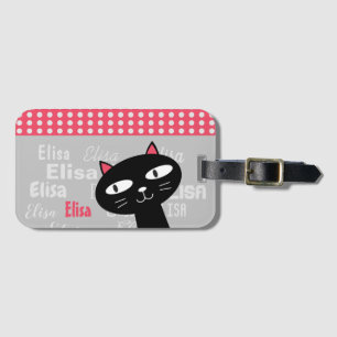 Étiquette À Bagage Cute Chat Noir Pois Rose Ajouter Votre Nom