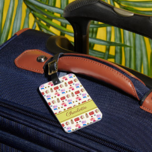 Étiquette À Bagage Cute chats et cadeaux motif Nom jaune