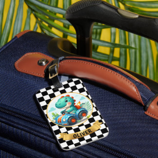 Étiquette À Bagage Cute Dinosaur Driving a Race Car