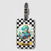 Étiquette À Bagage Cute Dinosaur Driving a Race Car (Devant Vertical)