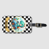 Étiquette À Bagage Cute Dinosaur Driving a Race Car (Devant Horizontal)