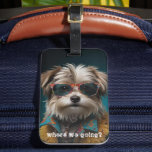 Étiquette À Bagage Cute Dog Photo<br><div class="desc">"Where we going?" text over a cute dog photo (can be changed to your dog) on a luggage tag that features a business card slot on the back.</div>