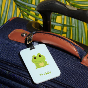 Étiquette À Bagage Cute grenouille verte sur bleu