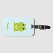 Étiquette À Bagage Cute grenouille verte sur bleu (Devant Horizontal)