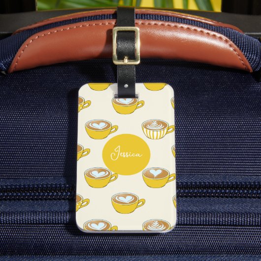 Étiquette À Bagage Cute Latte Art en Motif de tasses de café jaune (Insitu Rectoal 2)