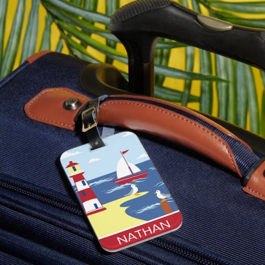 Étiquette À Bagage Cute Lighthouse and Boat Seaside Art personnalisé (Insitu Rectoal 1)