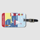 Étiquette À Bagage Cute Lighthouse and Boat Seaside Art personnalisé (Devant Horizontal)