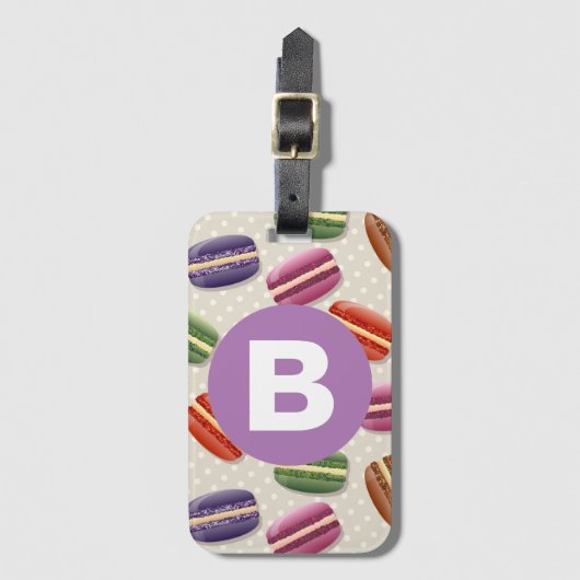 Étiquette À Bagage Cute Macaroon Pattern Dotty Purple Monogram (Devant Vertical)