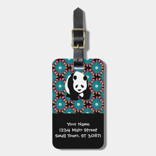 Étiquette À Bagage Cute Panda Ours Bleu Rose Fleurs Motif Floral (Devant Vertical)
