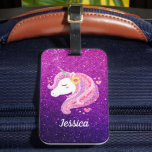 Étiquette À Bagage Cute Parties scintillant Unicorn<br><div class="desc">Un mignon visage de licorne à parties scintillant rose et violet peut refroidir. Si amusant pour une fille qui aime les licornes. Personnalisez-le avec le nom de vos filles. Conçu pour vous par Blackberry Boulevard.</div>