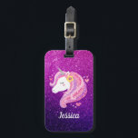 Étiquette À Bagage Cute Parties scintillant Unicorn<br><div class="desc">Un mignon visage de licorne à parties scintillant rose et violet peut refroidir. Si amusant pour une fille qui aime les licornes. Personnalisez-le avec le nom de vos filles. Conçu pour vous par Blackberry Boulevard.</div>