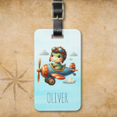 Étiquette À Bagage Cute Pilote Trex Dinosaur Voler un avion bleu