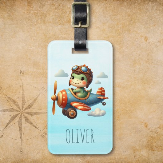 Étiquette À Bagage Cute Pilote Trex Dinosaur Voler un avion bleu