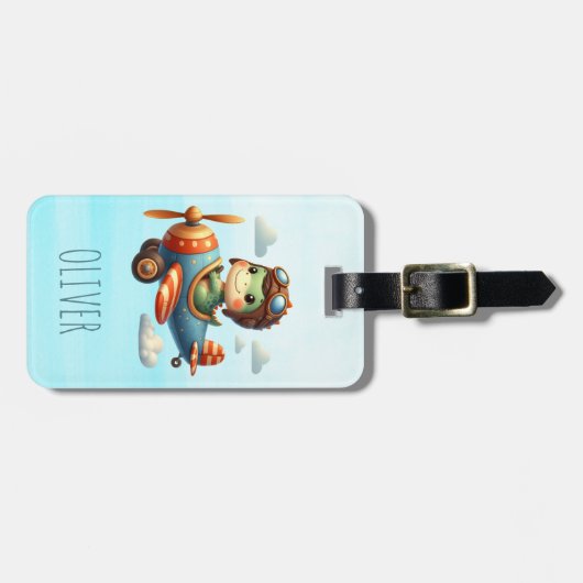 Étiquette À Bagage Cute Pilote Trex Dinosaur Voler un avion bleu (Devant horizontal)